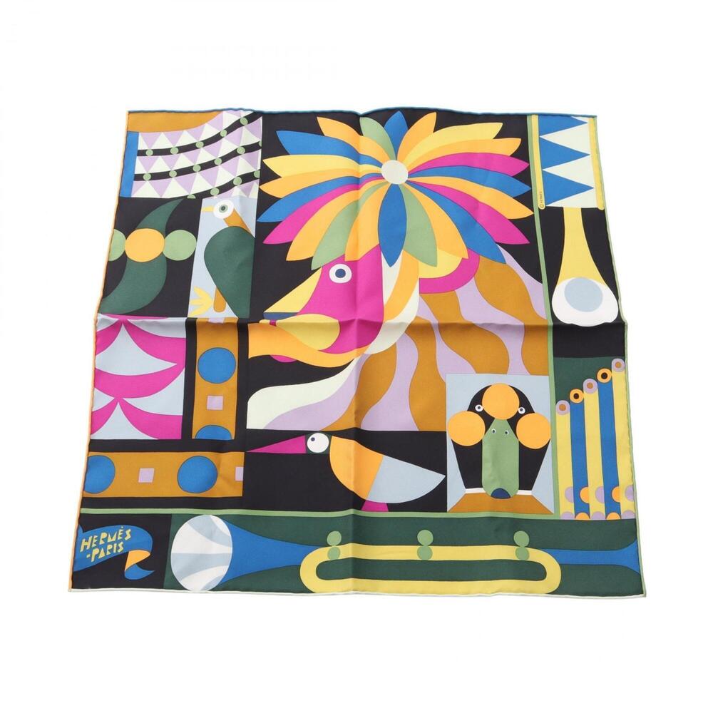Hermes Petit Carré 45 PARADE EN FANFARE Scarf Muffler Silk Women's Black Mult...